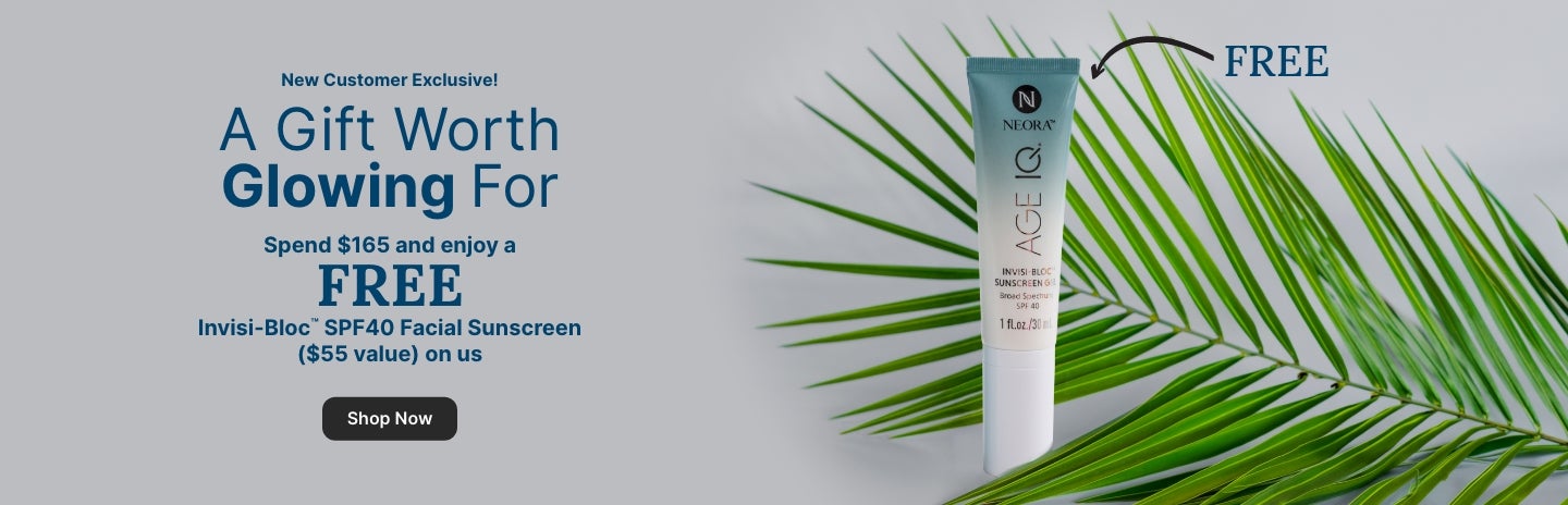 Alt text: New Customer Exclusive: Spend $165 and enjoy a FREE Invisi-Bloc SPF40 Facial Sunscreen ($55 value). Featured is an Invisi-bloc tube next to a palm tree branch.
